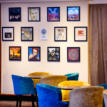 Detail of album covers on the walls of the lounge at mercure manchester piccadilly hotel